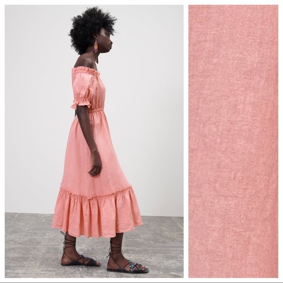 NWT. Zara Pink Linen Ruffled Cold Shoulders Midi Dress. Size S. - Picture 4 of 11